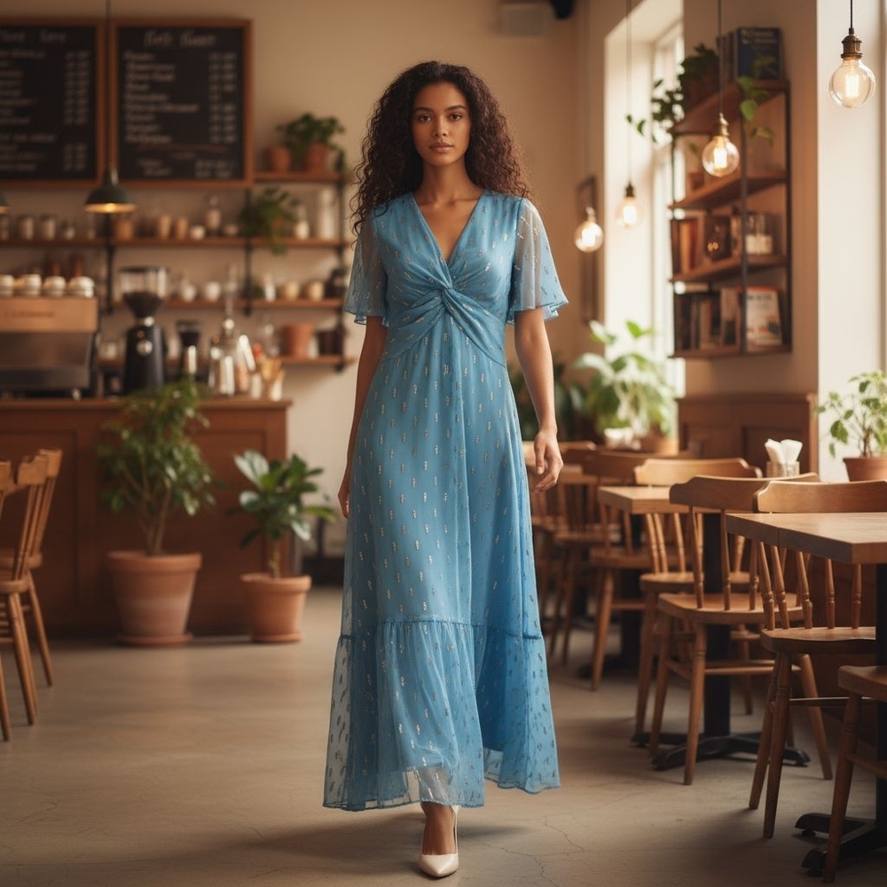 Lipsy London Blue High-Low Maxi Dress with Flutter Sleeves Blue UK 10/US 6